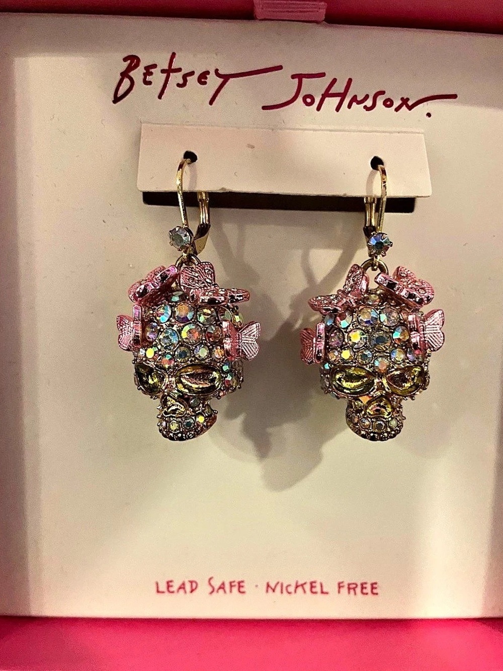 Betsey Johnson Pave Crystal Skull Butterfly Drop Earrings Multicolor & Pink NIB